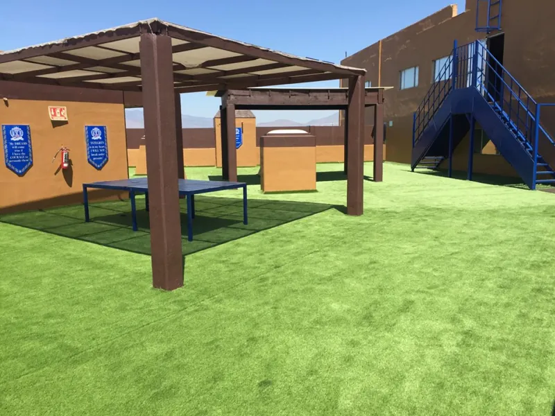 Azotea con pérgola de madera y pasto sintético