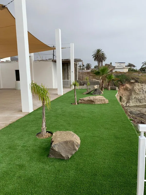 Jardín con rocas, palmera y pasto sintético