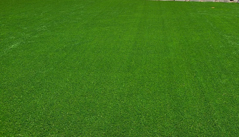 Pasto sintético residencial instalado, visto de cerca