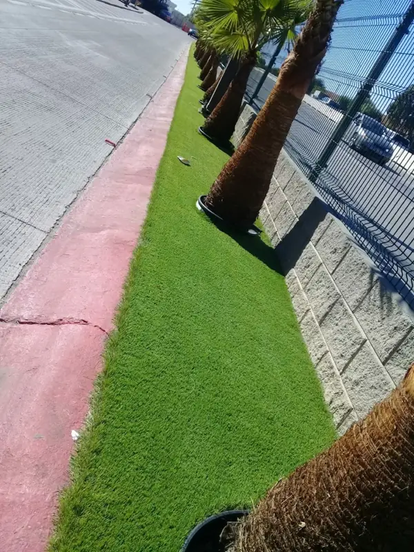 Franja de pasto sintético cortada a lo largo de una banqueta y un muro de block